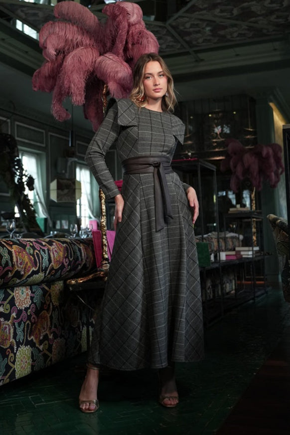 Vestido Invitada Boda Cuadros Solapas Gris Vichy