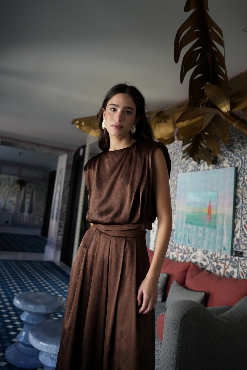 Conjunto Invitada | Top y Pantalón | Raso | Marrón | Amèlie