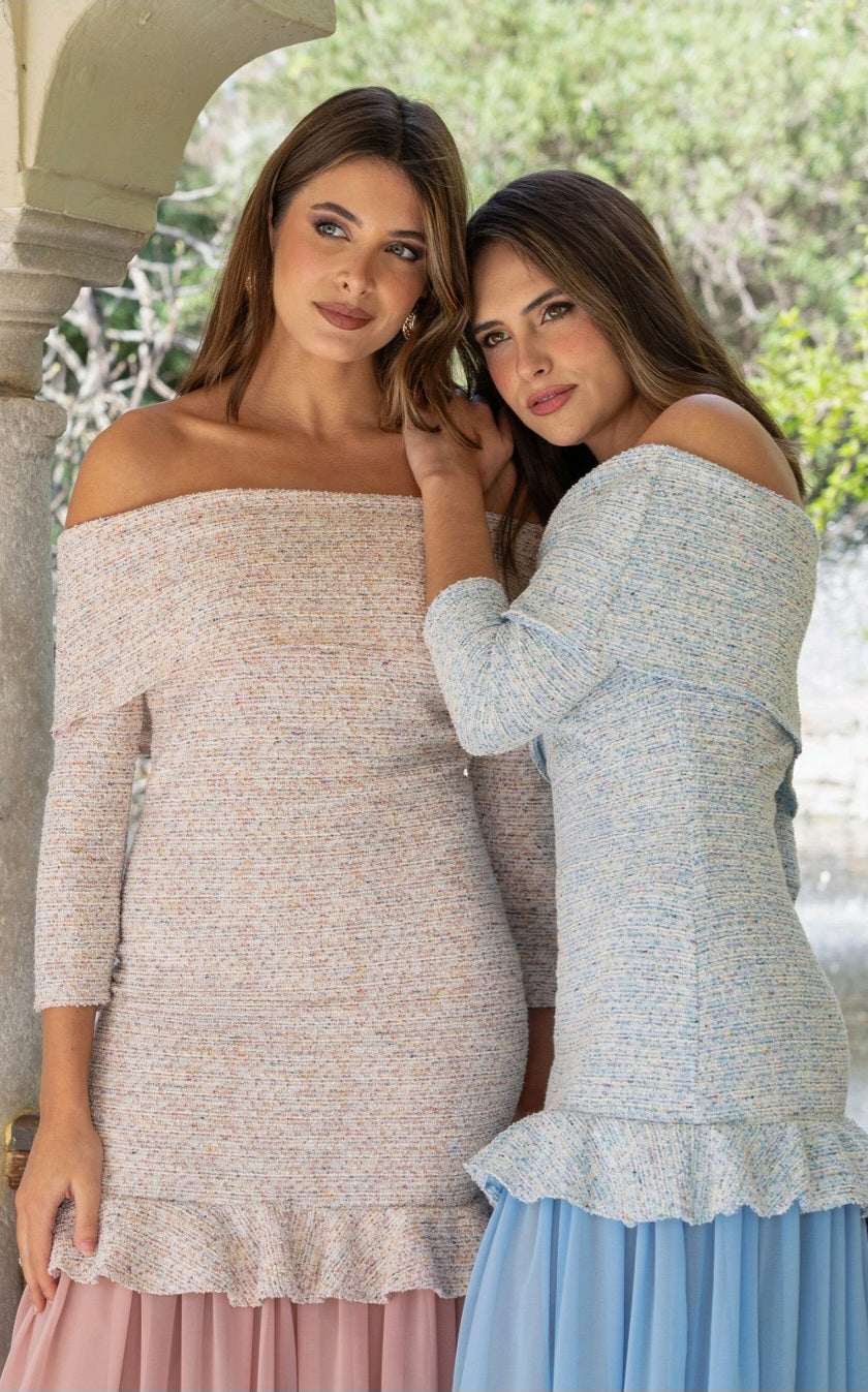 Vestido Brissac | Tweed y Gasa | Celeste | Rosa