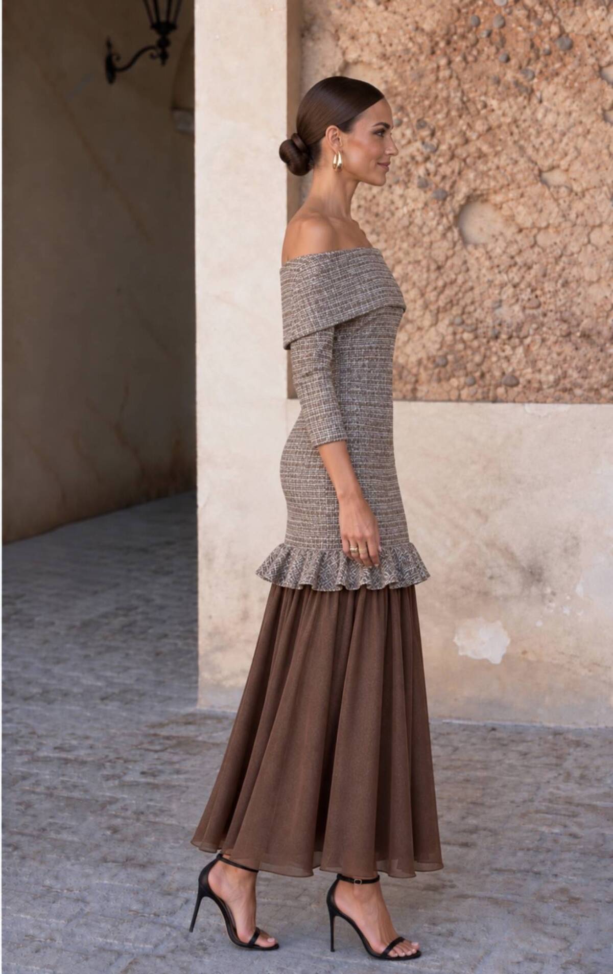 Vestido Brissac | Tweed y Gasa | Marrón