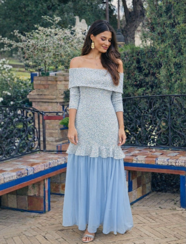 Vestido Brissac | Tweed y Gasa | Celeste | Rosa