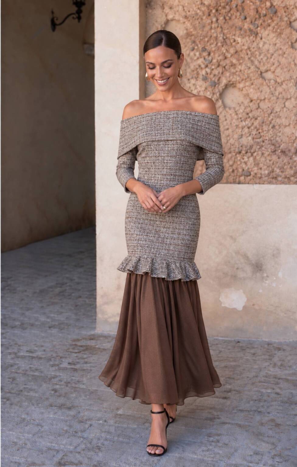 Vestido Brissac | Tweed y Gasa | Marrón