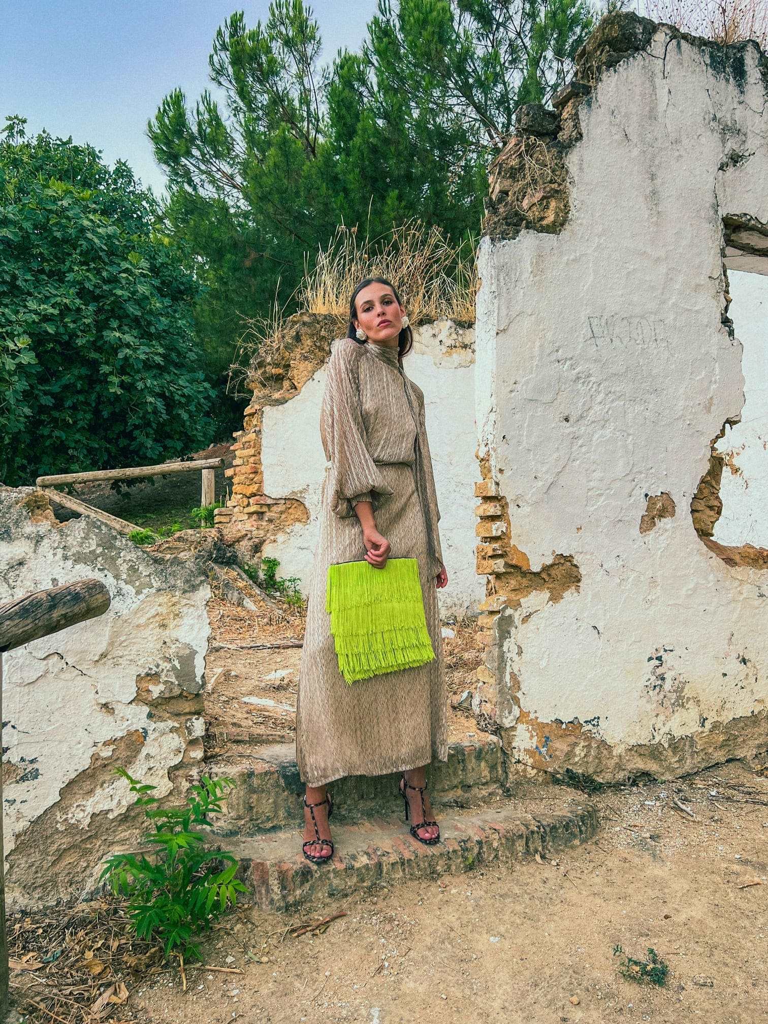 Vestido Invitada Boda | Mangas Abullonadas | Lazo | Oro | Riomaggiore