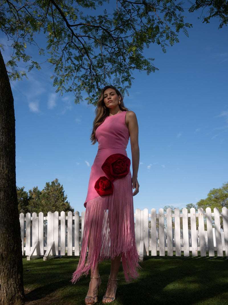 Vestido Invitada Boda | Flecos y Flor | Rosa | Minerve