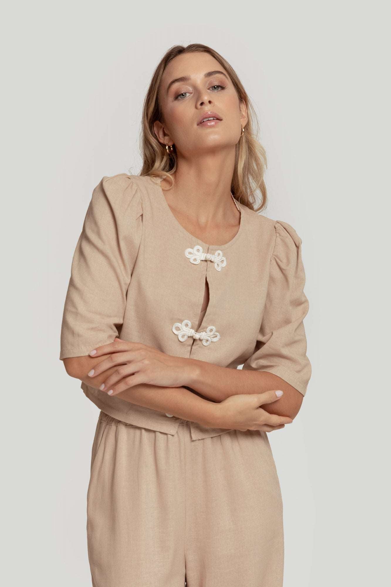 Blusa Casual | Cierre Lazos | Beige - Delacroix | Vestidos de Invitada para Bodas, Fiesta y Eventos