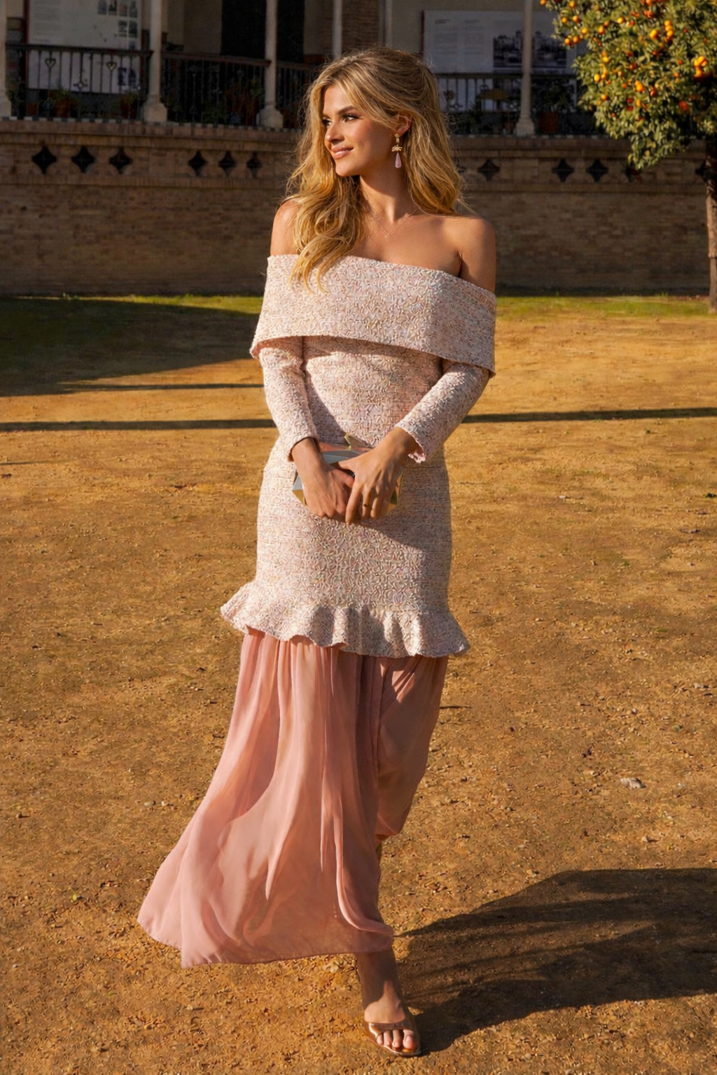 Vestido Brissac | Tweed y Gasa | Celeste | Rosa