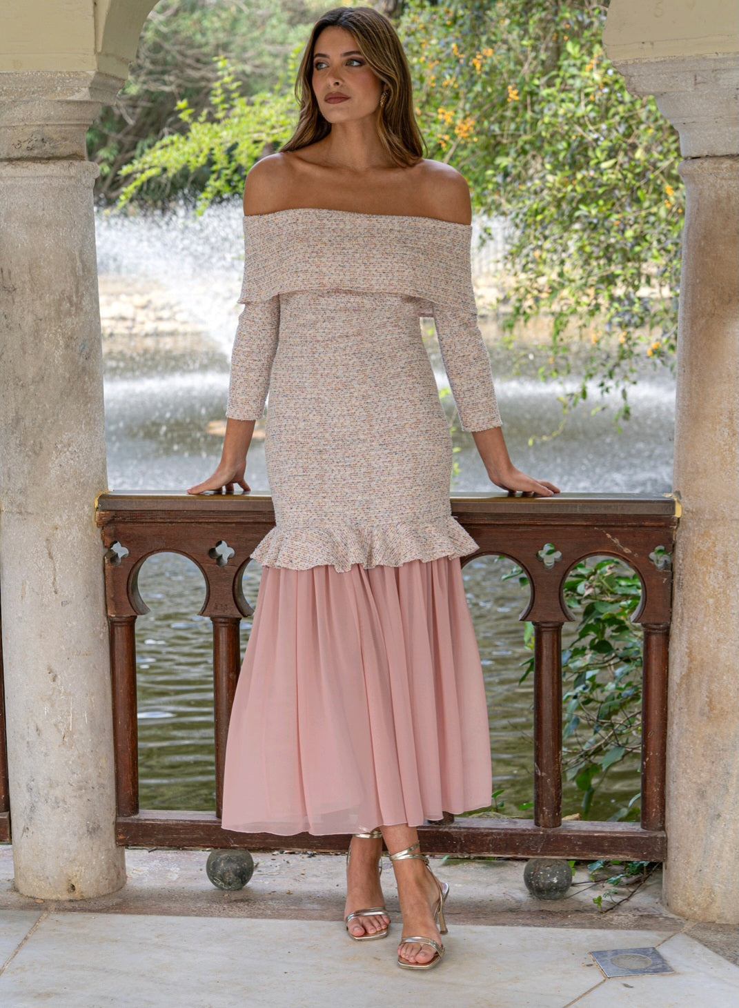 Vestido Brissac | Tweed y Gasa | Celeste | Rosa