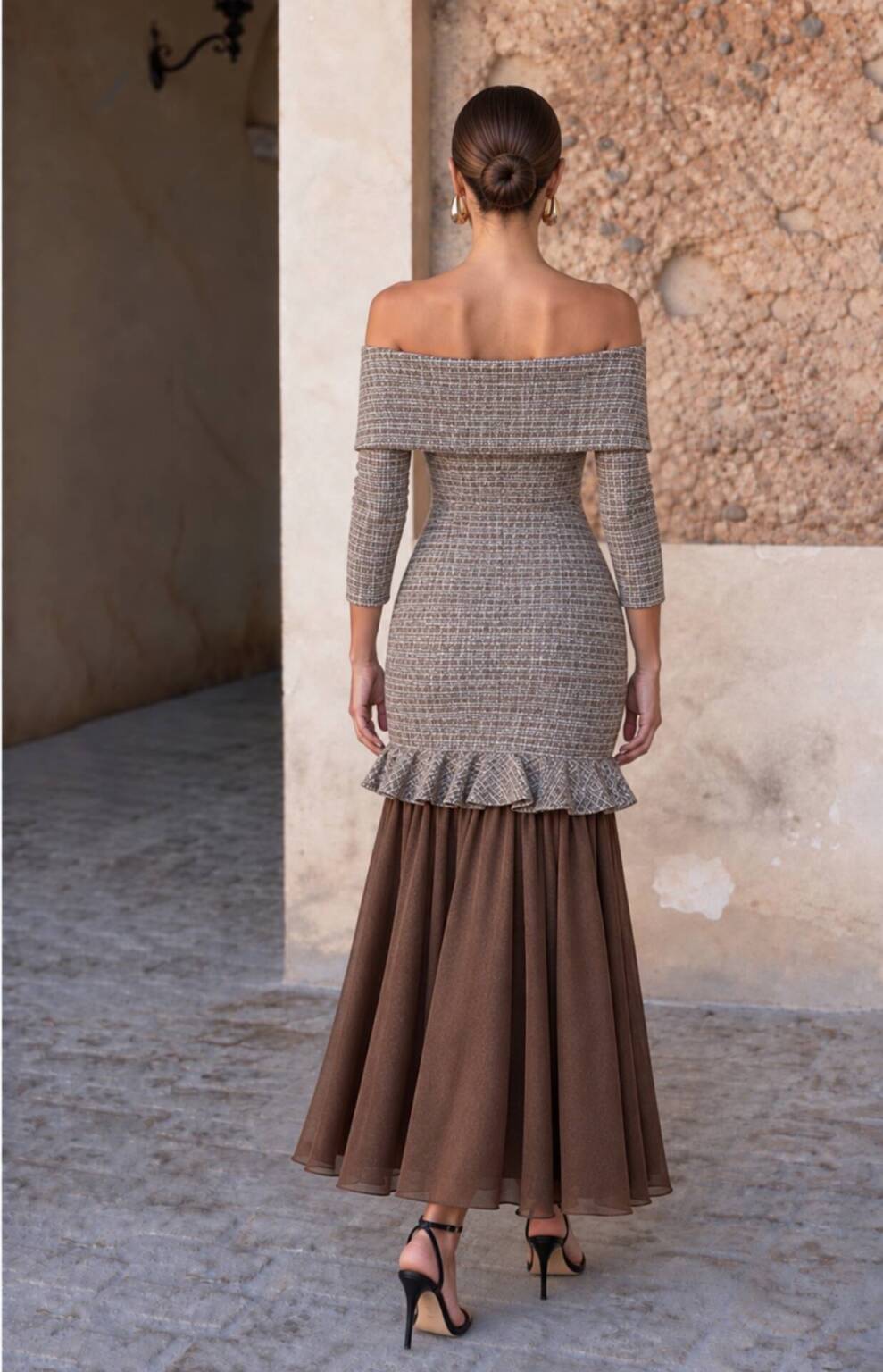 Vestido Brissac | Tweed y Gasa | Marrón