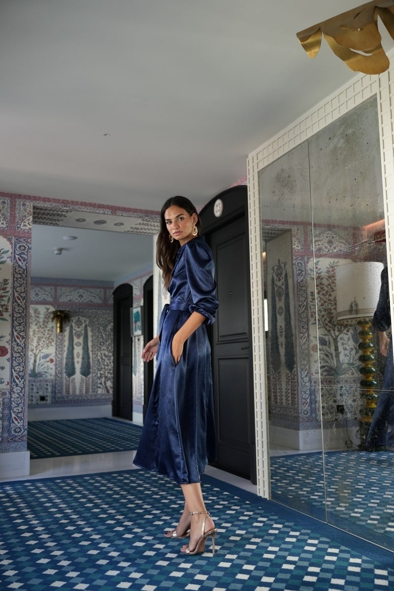 Vestido Invitada Boda | Raso | Azul Marino | Lyon