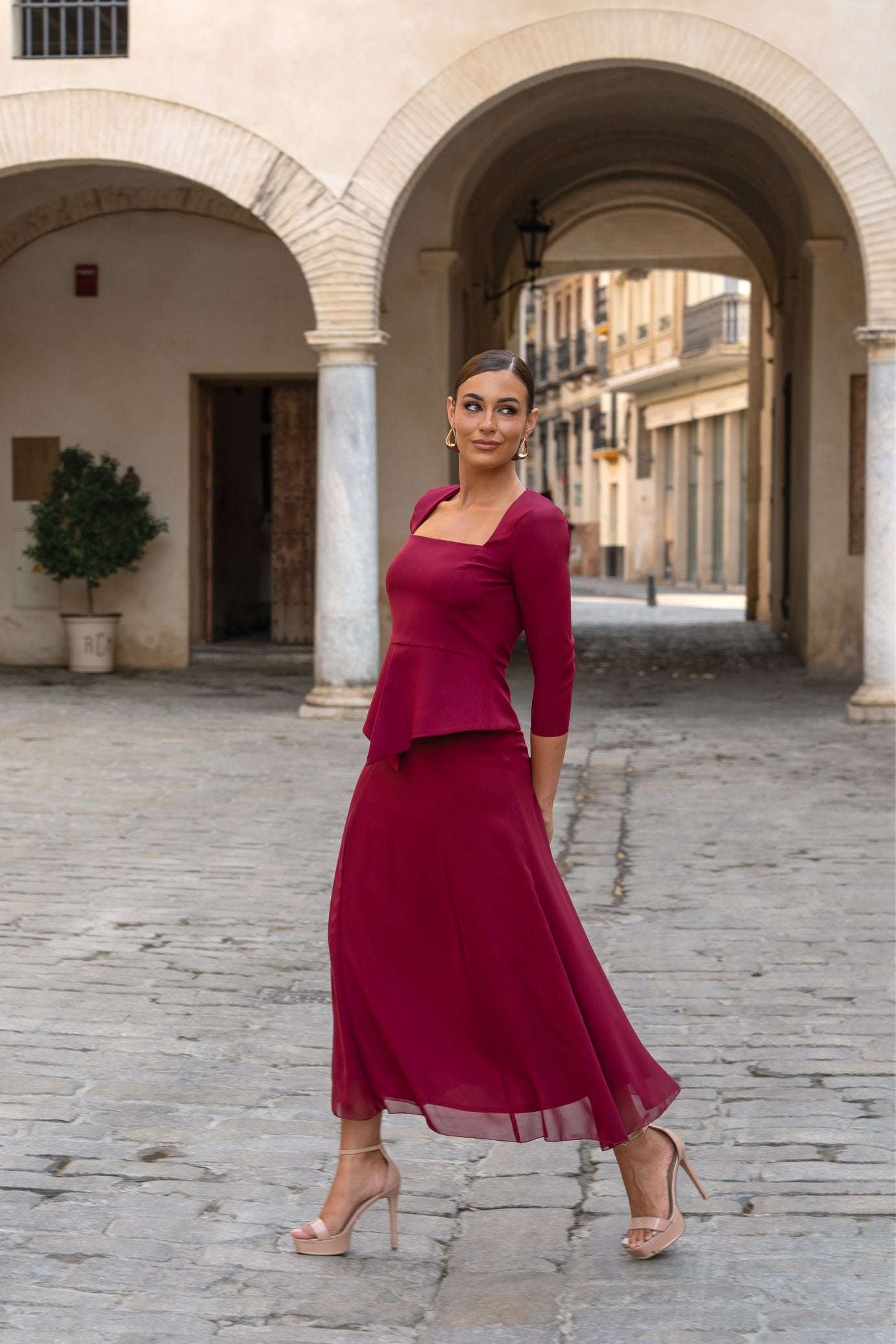 Vestido Dupont | Peplum | Gasa | Burdeos