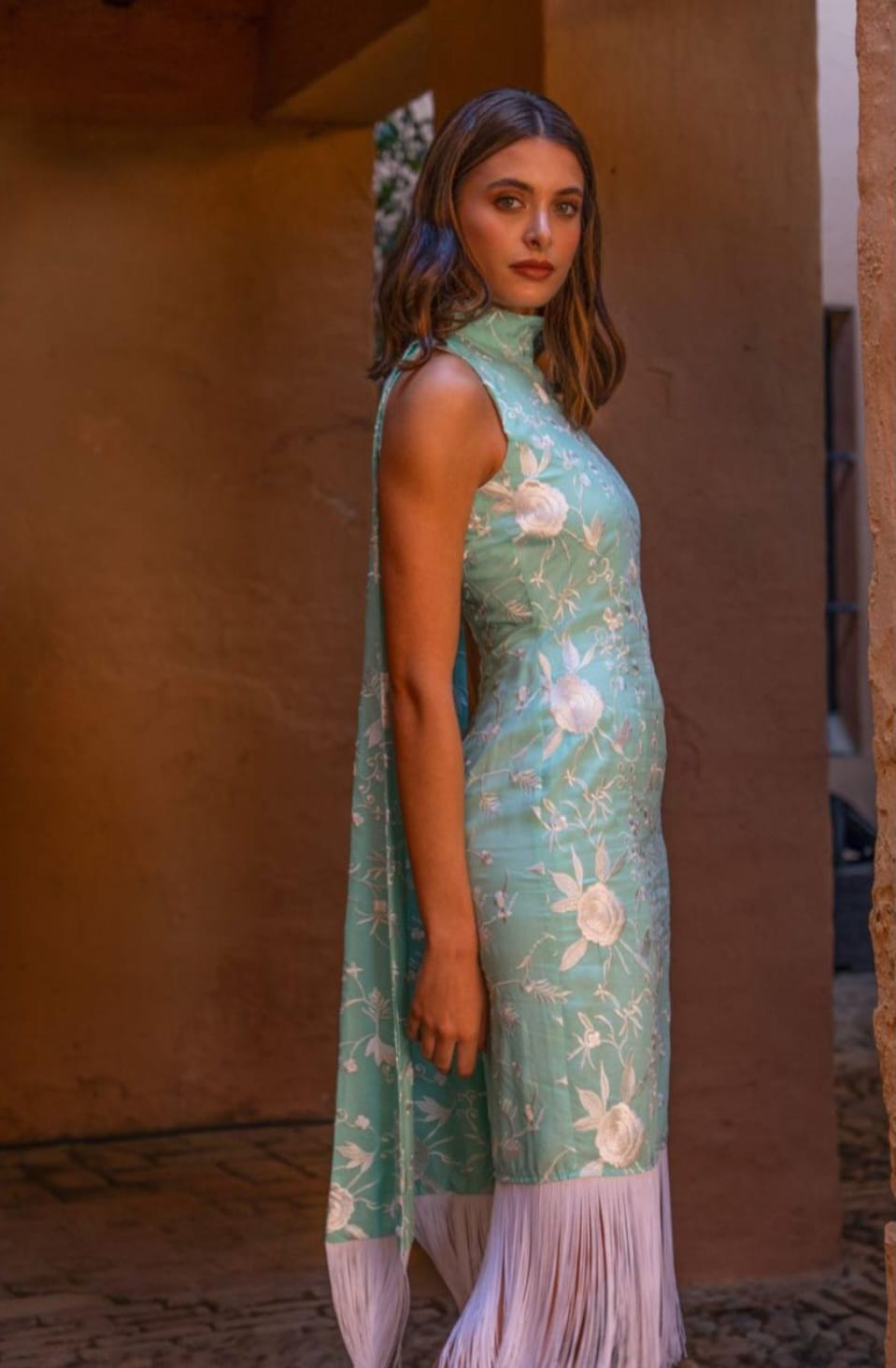 Vestido Invitada Boda | Flecos | Flor | Verde Agua | Alhambra