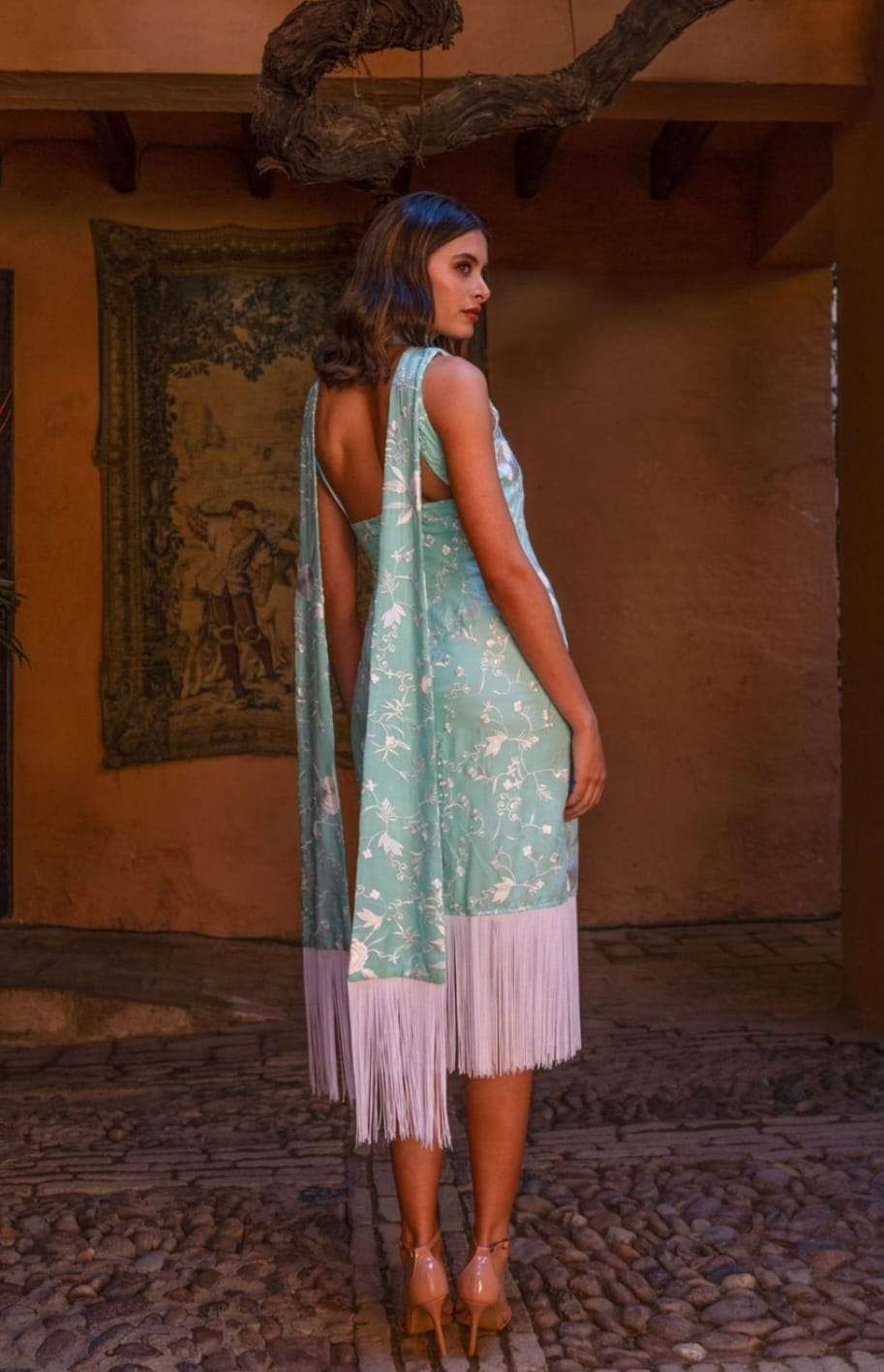 Vestido Invitada Boda | Flecos | Flor | Verde Agua | Alhambra