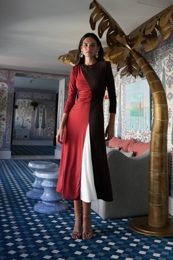 Vestido Invitada | Tricolor | Rojo Marron y Blanco | Liguria