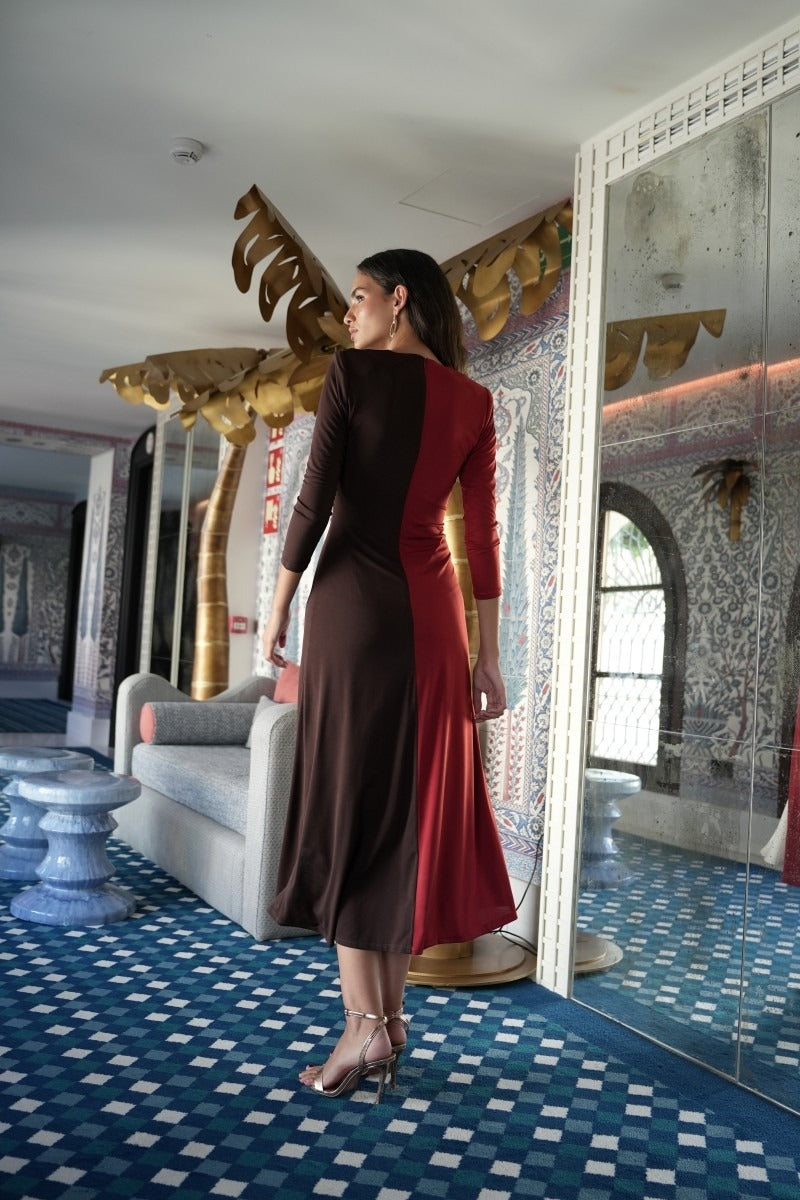 Vestido Invitada | Tricolor | Rojo Marron y Blanco | Liguria