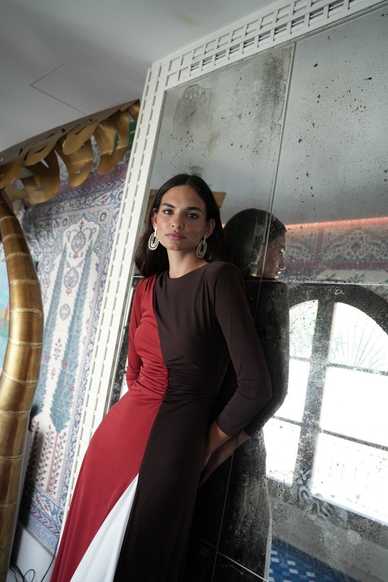 Vestido Invitada | Tricolor | Rojo Marron y Blanco | Liguria