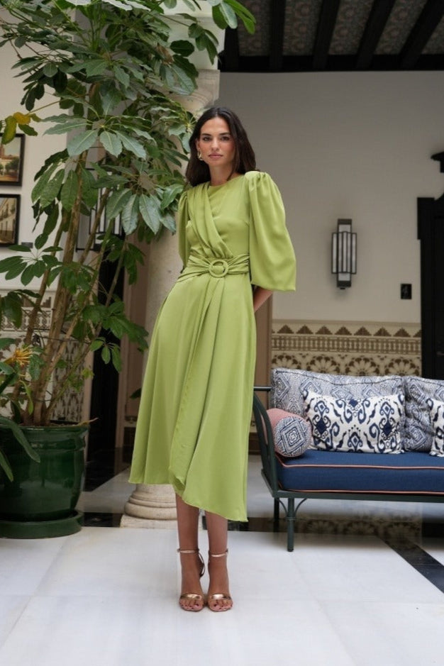 Vestido Invitada Eventos | Detalle Hebilla | Oliva | Pienza