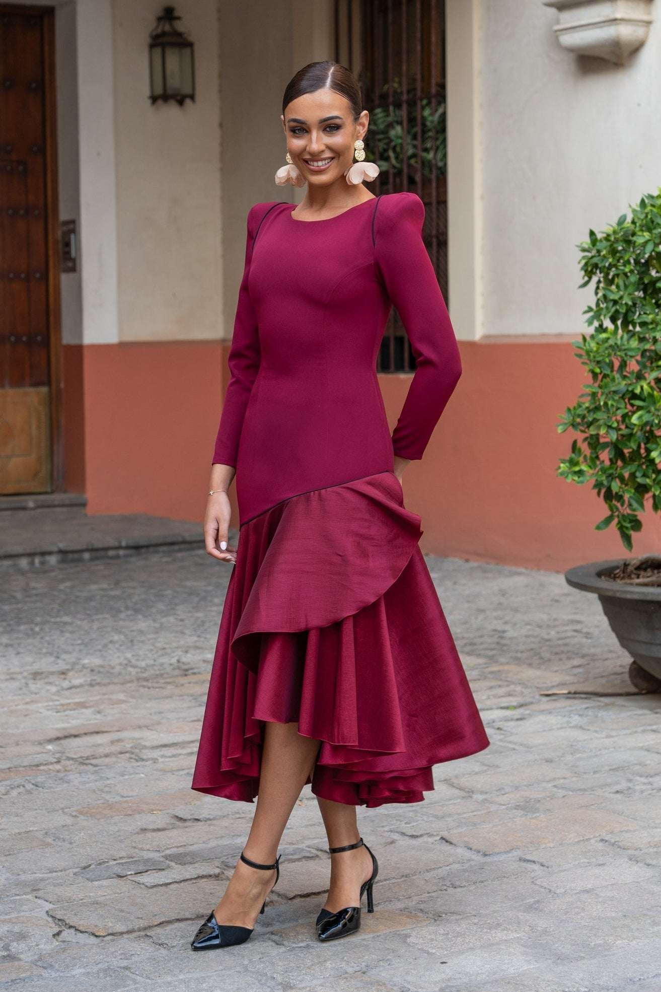 Vestido Seine | Volantes | Burdeos
